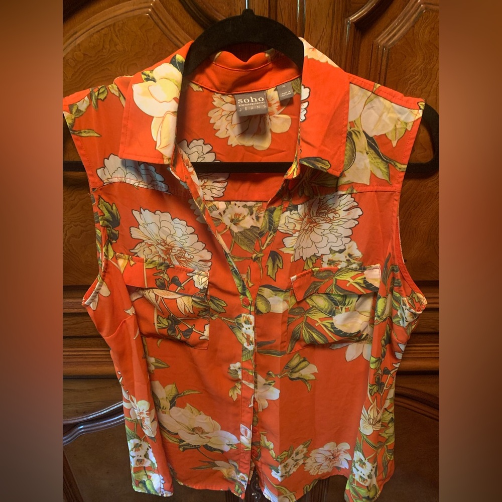 New York and Company Orange Floral Sleeveless Top